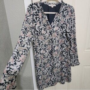 LOFT Women's Vine Ruffle Floral Paisley Split Neck Shirt Dress